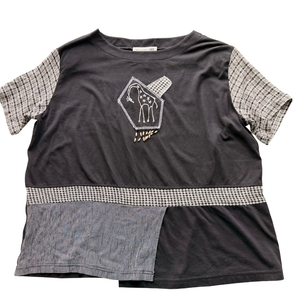 Vintage Studio G Women Giraffe Patchwork T-Shirt‎ XL Black Retro Lagenlook